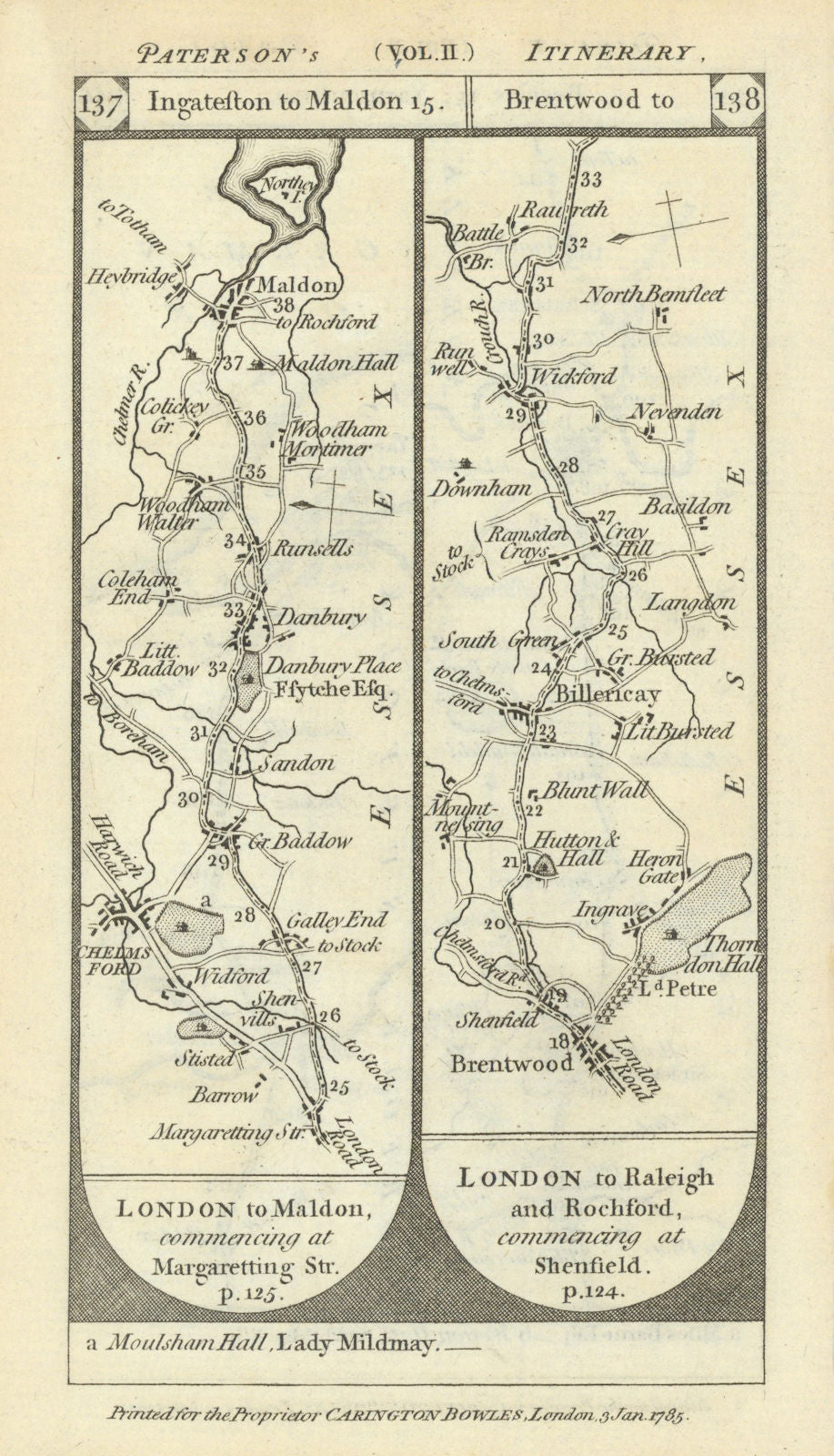 Chelmsford-Danbury-Maldon. Brentwood-Billericay road strip map PATERSON 1785